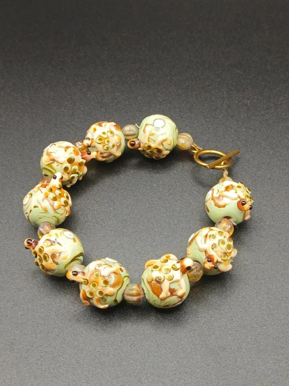 Vintage Artisan Lampwork Glass Turtle Bead Bracelet Sage Green, Cream And Brown